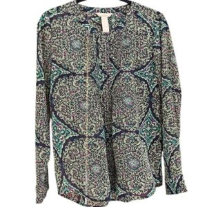 :Med: Banana Republic Green & Purple Floral Patterned Sheer Long Sleeve Blouse.